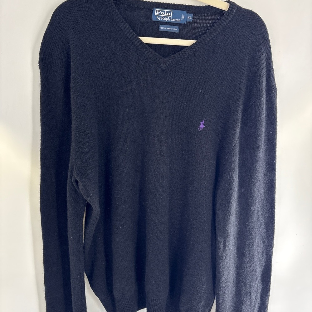 Polo by Ralph Lauren Black V-Neck Sweater with Purple Logo